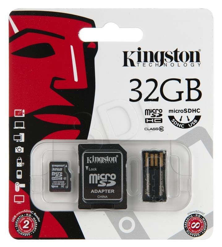 Kingston microSDHC 32GB, 10-tos klasės + skaitytuvas USB2.0 + SD adapteris kaina ir informacija | Atminties kortelės telefonams | pigu.lt
