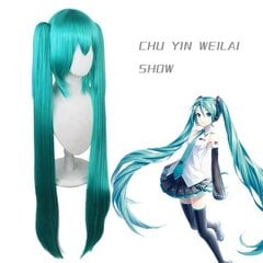 Hatsune Miku perukai Cosplay perukai ir 2 perukai su uodegomis su ilgu tiesiu peruku Helovino karnavalui kaina ir informacija | Karnavaliniai kostiumai | pigu.lt