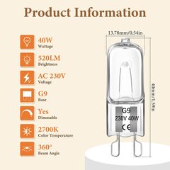 15 vnt G9 halogeninė orkaitės lemputė, atspari karščiui 300°C Tinka orkaitės lemputei, mikrobangų krosnelei, 25 W kaina ir informacija | LED juostos | pigu.lt