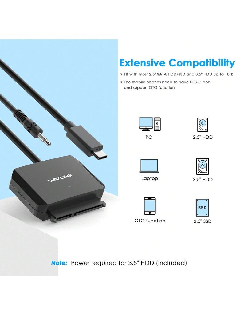 WAVLINK WAVLINK USB C į SATA III kietojo disko adapterio laidas, SATA į USB C 5Gbps keitiklis, išorinio standžiojo disko jungtis, skirta 2,5"/3,5" HDD/SSD iki 18TB, maitinimo adapteris - juodas JK kištukas kaina ir informacija | Kabeliai ir laidai | pigu.lt