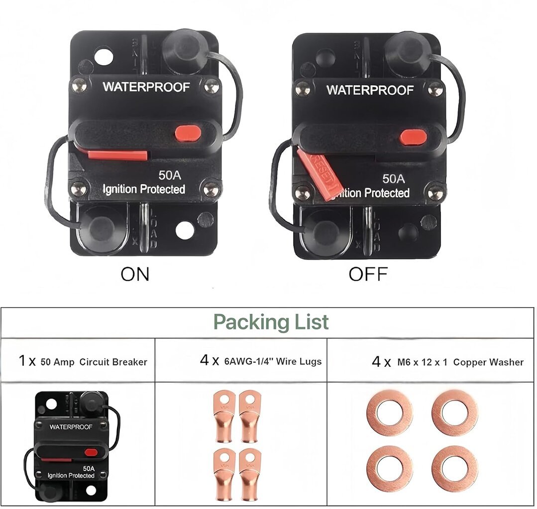 50 amperų grandinės pertraukiklis su rankiniu atstatymu automobilių jūrų velkiavimo varikliams Valties keturračio rankinė galios apsauga garso sistemos saugikliui, 12V-48VDC, atsparus vandeniui (50A) kaina ir informacija | Auto reikmenys | pigu.lt