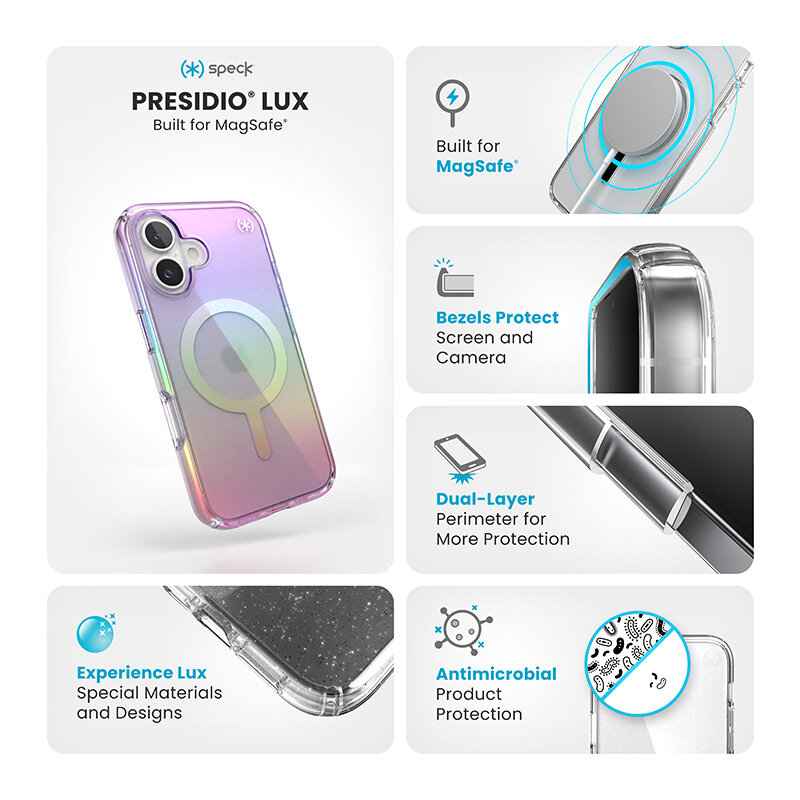 Speck Presidio2 Lux MagSafe – dėklas, skirtas iPhone 16 (nuostabiai violetinė / skaidrus) kaina ir informacija | Mobilieji telefonai | pigu.lt