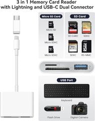 SD kortelių skaitytuvas iPhone iPad Built-in Dual Lightning & USB-C jungtis kortelės adapteris su SD MicroSD USB-A 3 lizdai takas kamera atminties kortelės žiūrovas, Nešiojami Nėra App reikia prijungti ir žaisti kaina ir informacija | Priedai telefonams | pigu.lt