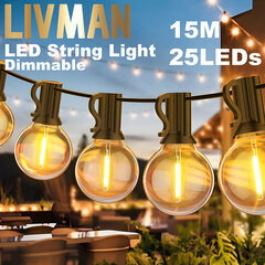 Lauko šviesos diodų styginiai, pritemdomi, 2700K, 15m, 25 LED, LIVMAN RG-E12 kaina ir informacija | Girliandos | pigu.lt