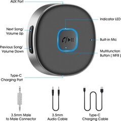 Bluetooth Aux imtuvas, nešiojamas 3,5 mm Aux automobilinis adapteris, Bluetooth 5.0 belaidis garso imtuvas, skirtas automobiliniam / namų stereofoniniam / laidinėms ausinėms / garsiakalbiui kaina ir informacija | Ausinės | pigu.lt