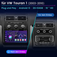 10''VW Touran 1T1 1T2 1T3 2003-2010 Android 13 Carplay Andriod Auto 2din jutiklinio ekrano automobilinis radijas GPS NAVI 4Core RDS DSP FM DAB+ 2+64GB kaina ir informacija | Automagnetolos, multimedija | pigu.lt