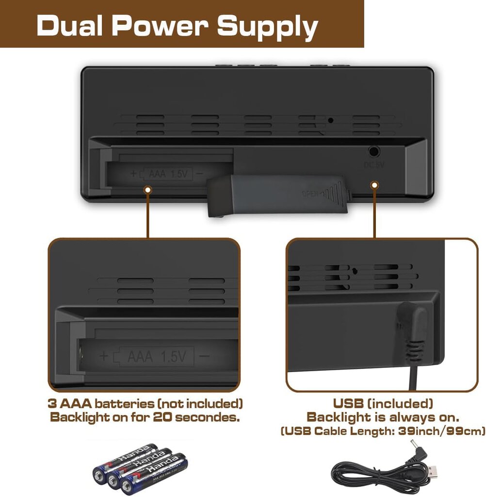 Skaitmeninis žadintuvas, veidrodžio spalvos LED elektroninis laikrodis didelis ekranas, reguliuojamas ryškumas, baltos spalvos valdymas balsu kaina ir informacija | Radijo imtuvai ir žadintuvai | pigu.lt