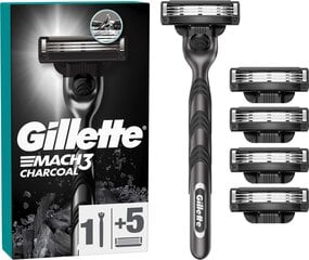 Skustuvo galvutės Gillette Mach3 Charcoal 5 vnt. + kotelis kaina ir informacija | Skutimosi priemonės ir kosmetika | pigu.lt