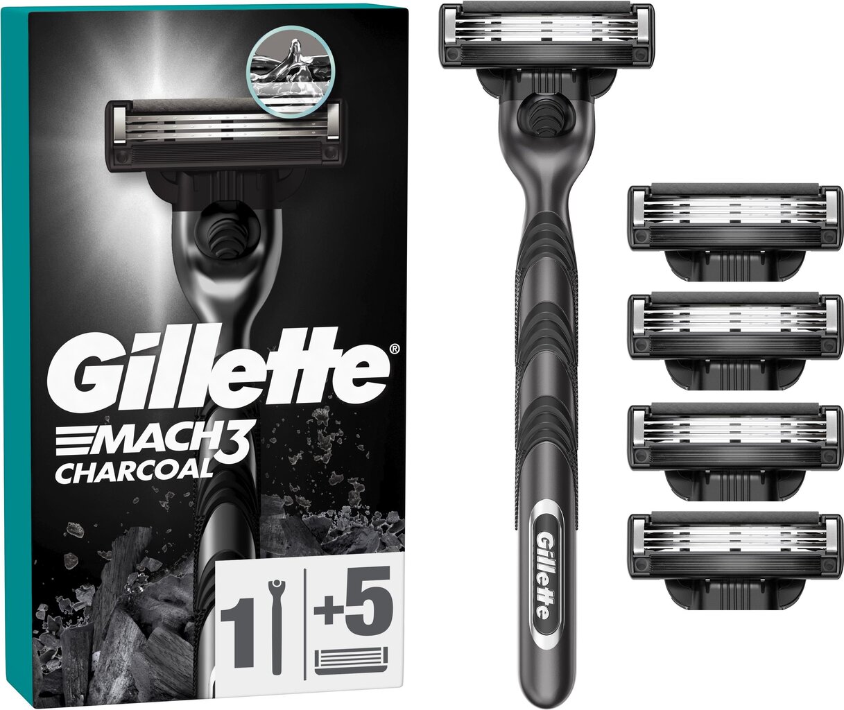 Skustuvo galvutės Gillette Mach3 Charcoal 5 vnt. + kotelis цена и информация | Skutimosi priemonės ir kosmetika | pigu.lt