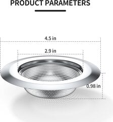 Nerūdijančio plieno virtuvės kriauklės sietelis, virtuvės kriauklės nutekėjimo sietelis, virtuvės kriauklės išleidimo krepšelis, kriauklės sieteliai su dideliu plačiu ratlankiu, kurio skersmuo 4,5 colio цена и информация | Набор акскссуаров для ванной | pigu.lt