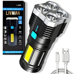 Светодиодный фонарик с зарядкой от USB и 4 режимами света LIVMAN L-S03 цена и информация | Фонарики, прожекторы | pigu.lt