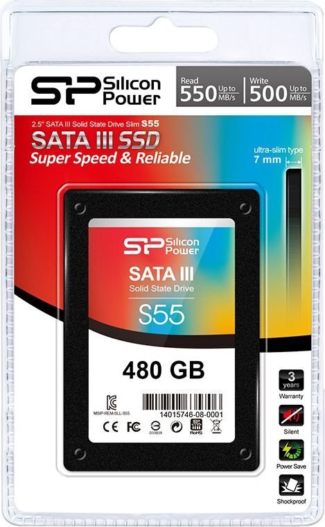 Silicon Power SLIM S55 480GB SATA3 (SP480GBSS3S55S25) kaina ir informacija | Vidiniai kietieji diskai (HDD, SSD, Hybrid) | pigu.lt