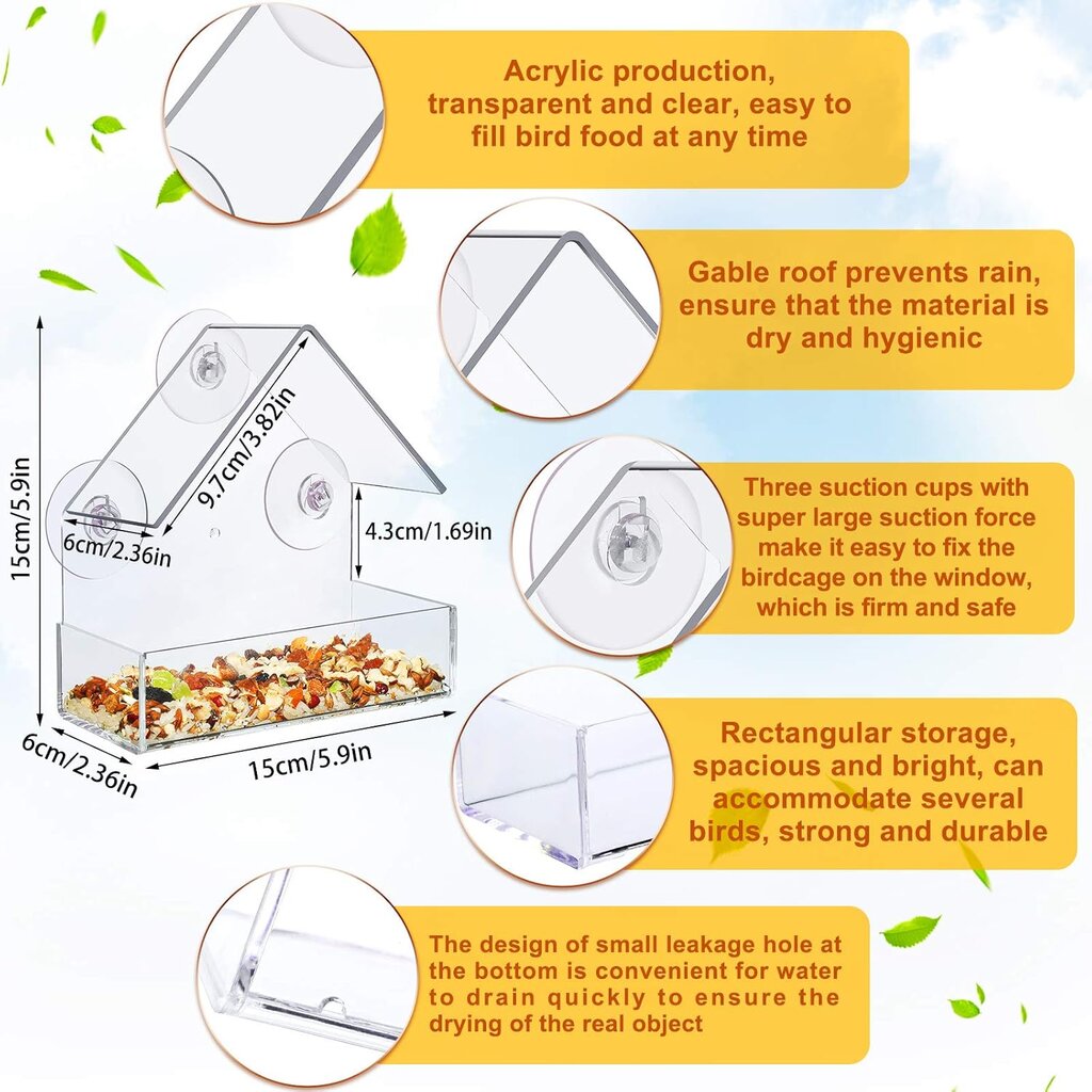 Skaidrus akrilo langas paukščių lesyklėlė Laukinių paukščių lesyklėlė Paukščių lesyklė Pakabinamas paukščių namelis цена и информация | Inkilai, lesyklėlės, narvai | pigu.lt