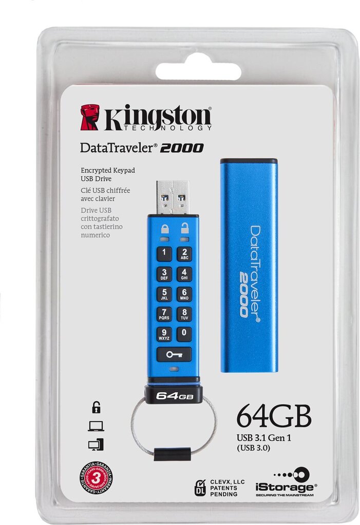 Kingston 64GB USB 3.0 DT2000 su užraktu kaina ir informacija | USB laikmenos | pigu.lt