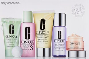 Набор для ухода за лицом Clinique Daily Essentials: жидкое мыло для лица, 30 мл + тоник для лица, 60 мл + крем-гель для лица, 50 мл + средство для снятия макияжа, 50 мл + крем для кожи вокруг глаз, 15 мл цена и информация | Средства для очищения лица | pigu.lt