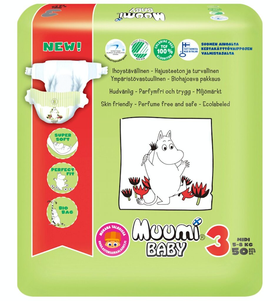 Sauskelnės Muumi Baby Midi (3) 5-8 kg, 50vnt. цена и информация | Sauskelnės | pigu.lt