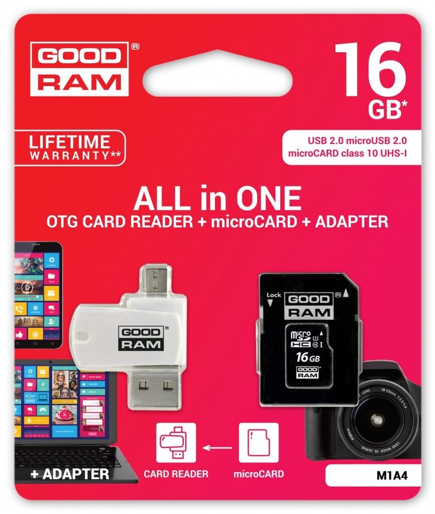Atminties kortelė GoodRam microSDHC 16GB CL10 +adapteris +kortelių skaitytuvas цена и информация | Atminties kortelės telefonams | pigu.lt