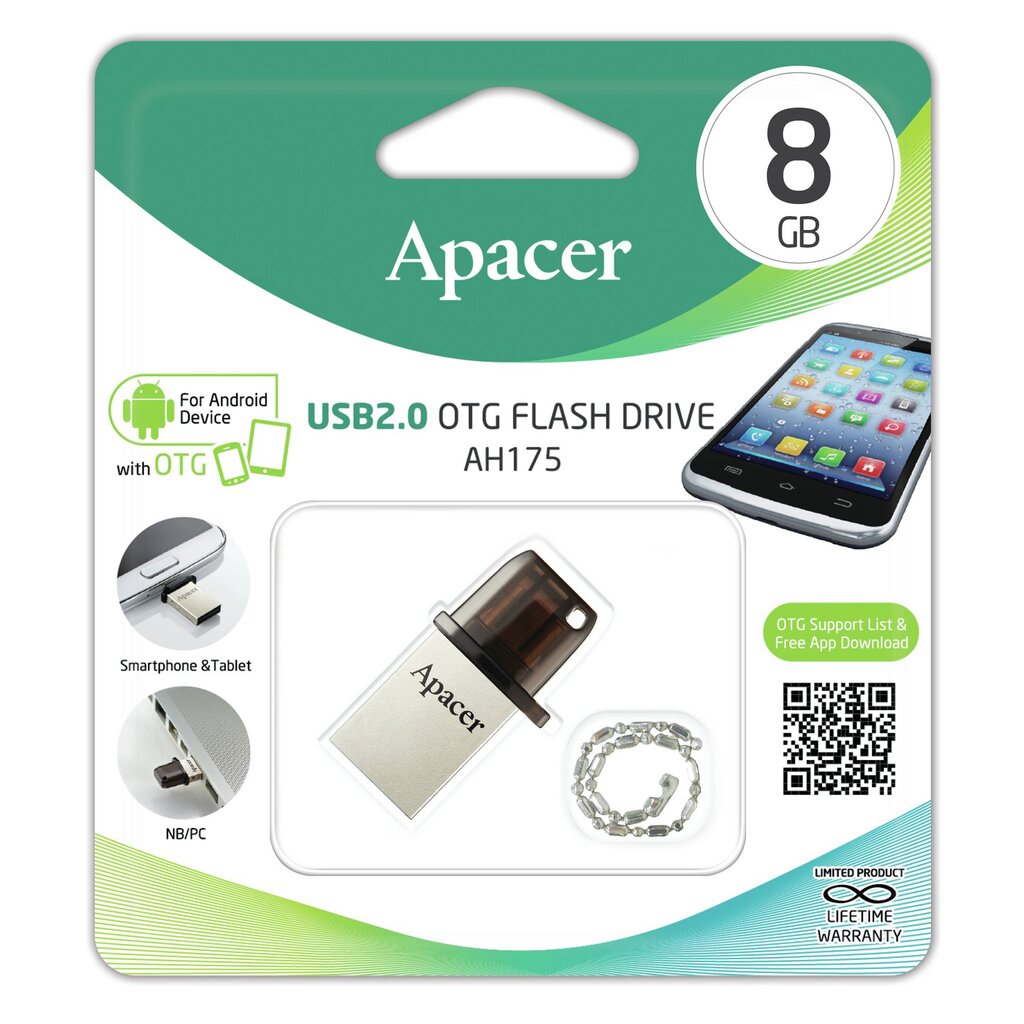 USB atmintinė APACER USB2.0 Mobile Flash Drive AH175 8GB, Juoda цена и информация | USB laikmenos | pigu.lt