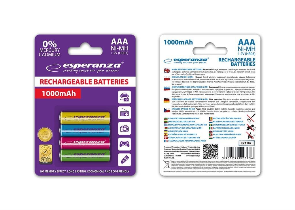 Esperanza EZA107 Įkraunama baterija Ni-MH AAA 1000MAH x4 kaina ir informacija | Elementai | pigu.lt