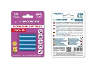 Перезаряжаемые батарейки esperanza AAA, 1000 мАч, 4 шт., синие цена и информация | Батарейки | pigu.lt