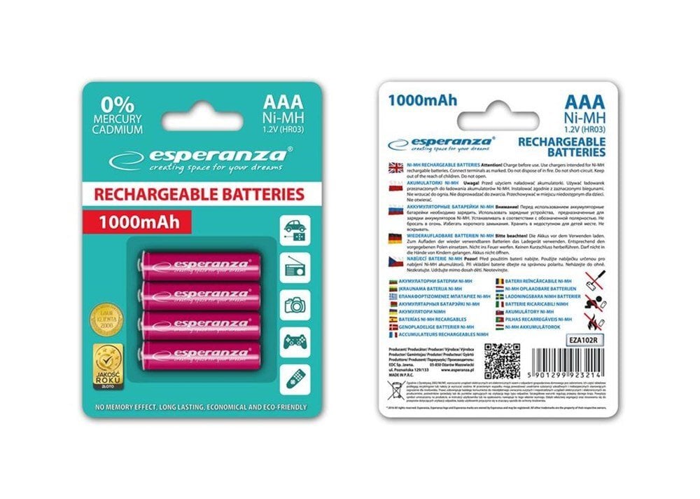 Esperanza EZA102R Įkraunama baterija Ni-MH AAA 1000MAH x4 kaina ir informacija | Elementai | pigu.lt