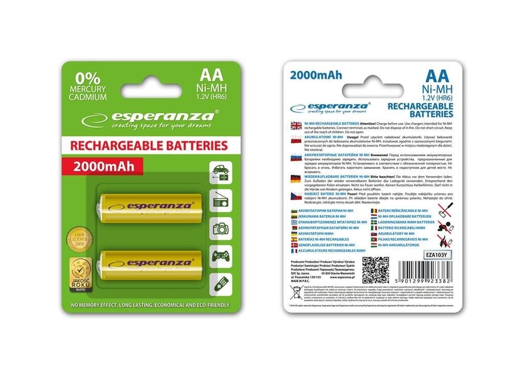 Įkraunamos AA baterijos Esperanza, 2000mAh, geltona цена и информация | Elementai | pigu.lt