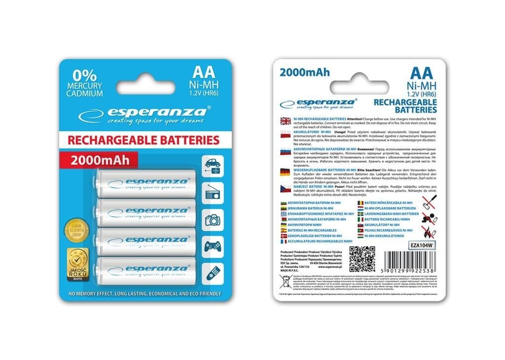 Esperanza EZA104W Įkraunama baterija Ni-MH AA 2000MAH x4 цена и информация | Elementai | pigu.lt