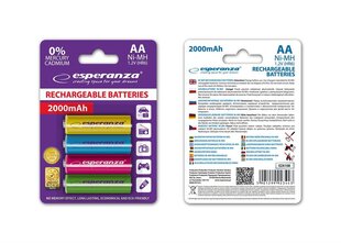 Перезаряжаемые батарейки Esperanza Ni-MH 2000mAh 4 шт., в разных цветах цена и информация | Батарейки | pigu.lt