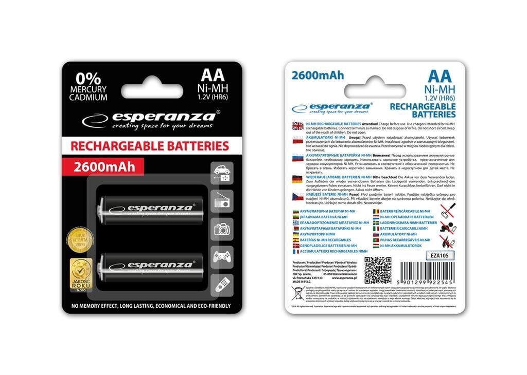 Esperanza EZA105 Įkraunama baterija Ni-MH AA 2600MAH, 2 vnt kaina ir informacija | Elementai | pigu.lt