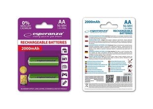 Esperanza EZA103G Įkraunama baterija Ni-MH AA 2000MAH x2 kaina ir informacija | Esperanza Apšvietimo ir elektros prekės | pigu.lt