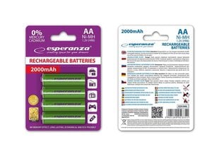 Esperanza EZA104G Įkraunama baterija Ni-MH AA 2000MAH, 4 vnt kaina ir informacija | Esperanza Apšvietimo ir elektros prekės | pigu.lt