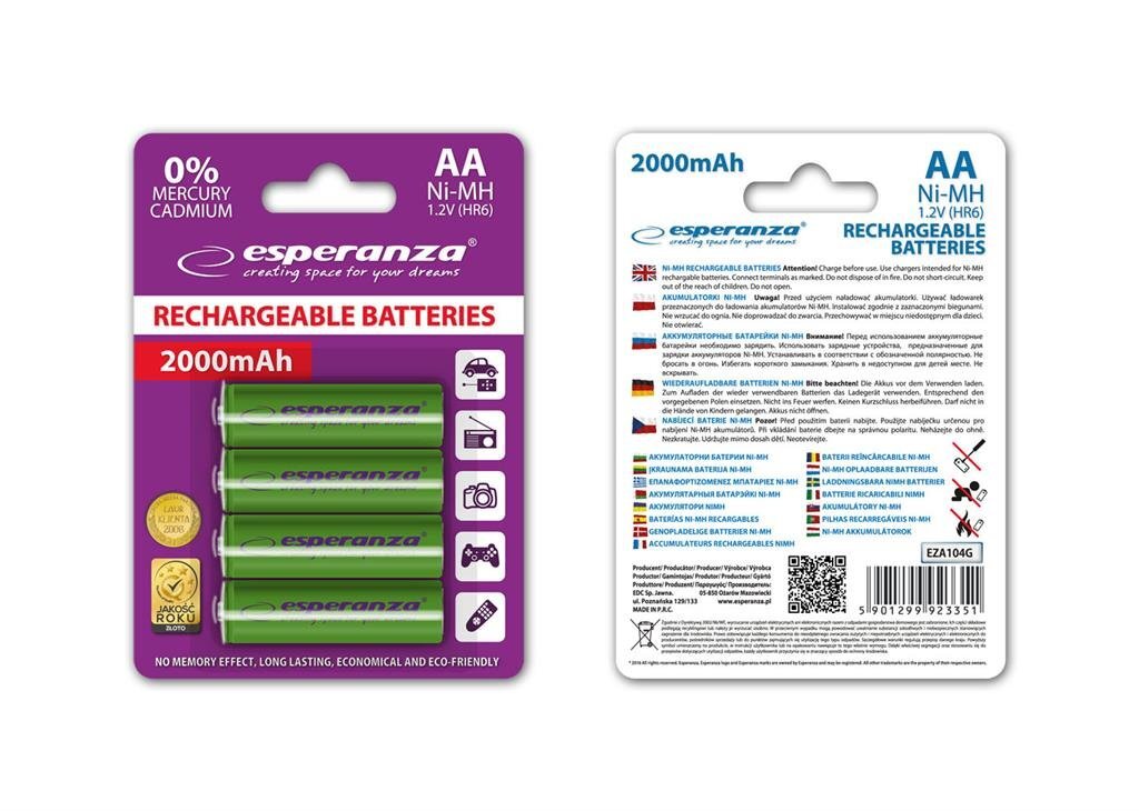 Esperanza EZA104G Įkraunama baterija Ni-MH AA 2000MAH, 4 vnt цена и информация | Elementai | pigu.lt