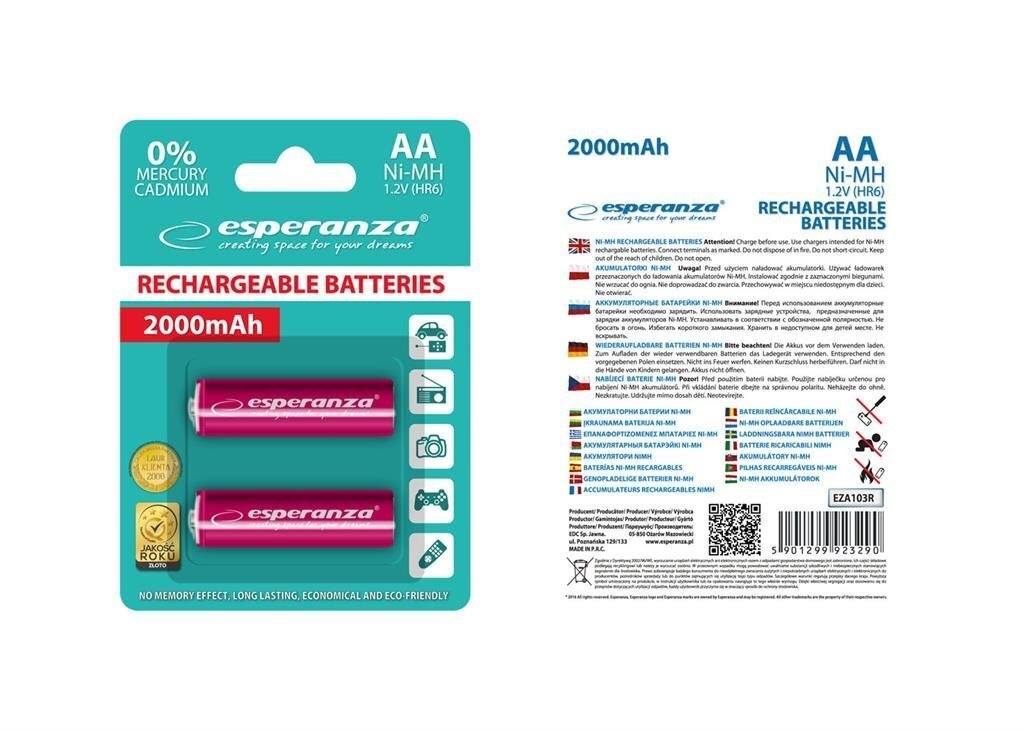 Esperanza EZA103R Ni-MH AA 2000MAH x2 kaina ir informacija | Elementai | pigu.lt