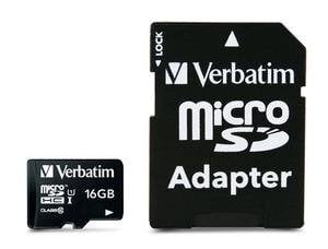 Atminties kortelė Verbatim - Micro SDHC 16GB Class10 UHS-I + Adapter kaina ir informacija | Atminties kortelės fotoaparatams, kameroms | pigu.lt