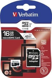Atminties kortelė Verbatim - Micro SDHC 16GB Class10 UHS-I + Adapter цена и информация | Atminties kortelės fotoaparatams, kameroms | pigu.lt