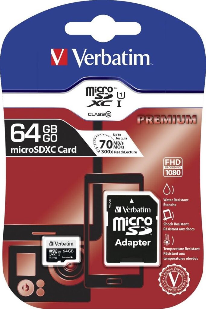 Verbatim Micro SDXC 64GB Class10 UHS-I + Adapter kaina ir informacija | Atminties kortelės fotoaparatams, kameroms | pigu.lt