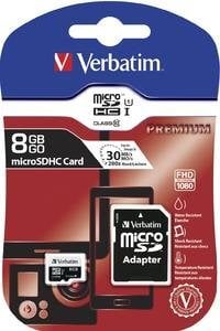 Atminties kortelė Verbatim - Micro SDHC 8GB Class10 UHS-I + Adapter цена и информация | Atminties kortelės fotoaparatams, kameroms | pigu.lt