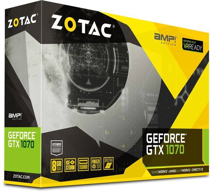 Zotac GeForce GTX1070 AMP Edition 8GB GDDR5 (256 bit) DVI, HDMI, 3x DP, BOX (ZT-P10700C-10P) kaina ir informacija | Vaizdo plokštės (GPU) | pigu.lt