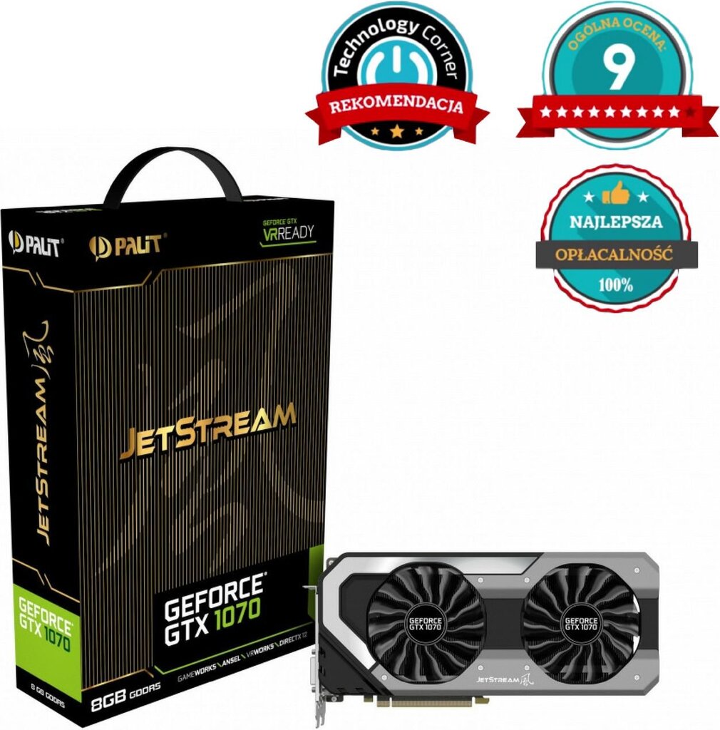 Palit GeForce GTX 1070 JetStream 8GB GDDR5 (256 bit) HDMI, DVI, 3x DP, BOX (NE51070015P2J) kaina ir informacija | Vaizdo plokštės (GPU) | pigu.lt