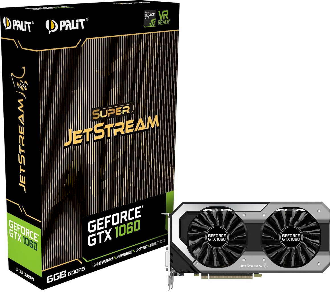 Palit GeForce GTX 1060 Super JetStream 6GB GDDR5 (192 bit) 3x DP, HDMI, DVI (NE51060S15J9J) kaina ir informacija | Vaizdo plokštės (GPU) | pigu.lt