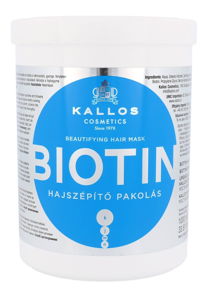 Atstatomoji plaukų kaukė su biotino kompleksu Kallos Biotin, 1000 ml цена и информация | Priemonės plaukų stiprinimui | pigu.lt