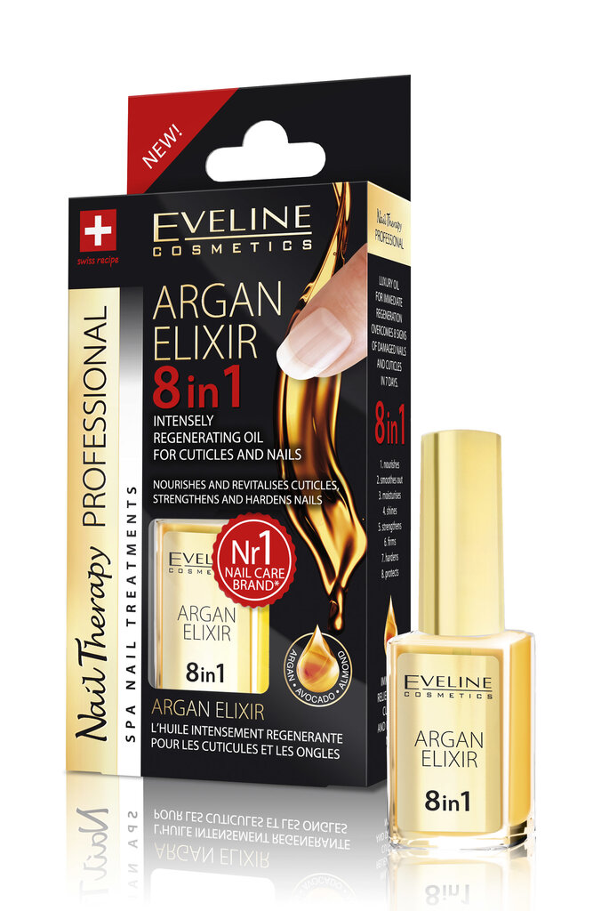 Nagų ir odelių aliejus Eveline Cosmetics Nail Therapy Professional Argan Elixir 8 in 1, 12 ml kaina ir informacija | Nagų lakai, stiprintojai | pigu.lt