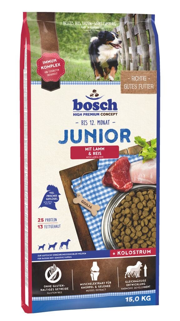 Bosch Petfood Junior Lamb & Rice, 15 kg kaina ir informacija | Sausas maistas šunims | pigu.lt
