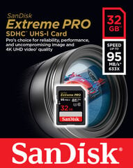 Карта памяти Sandisk 32GB SDHC Extreme Pro 95MB/s, V30, UHS3 цена и информация | Карты памяти для фотоаппаратов, камер | pigu.lt