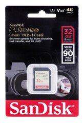 Карта памяти Sandisk 32GB Extreme SDHC UHS-I U3 V30 90/40 MB/s цена и информация | Карты памяти для фотоаппаратов, камер | pigu.lt