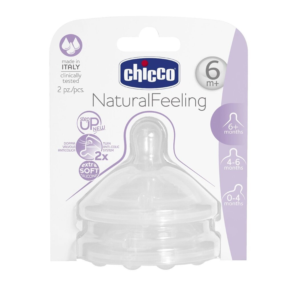 Silikoninia buteliuko čiulptukai Chicco Natural feeling, 6 mėn.+, vidutinio tekėjimo 2 vnt.i цена и информация | Buteliukai kūdikiams ir jų priedai | pigu.lt
