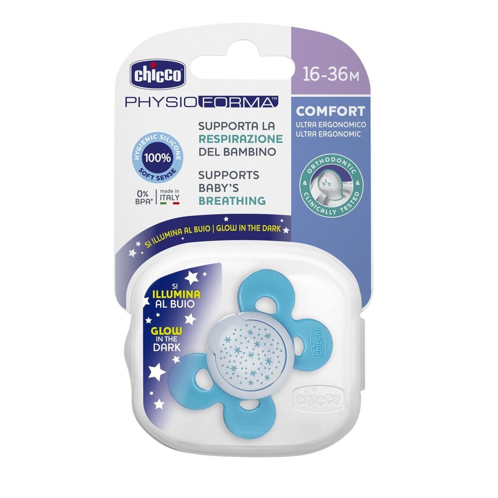 Chicco silikoninis čiulptukas Physio Comfort, mėlynas 16-36 mėn, 1 vnt. kaina ir informacija | Čiulptukai | pigu.lt