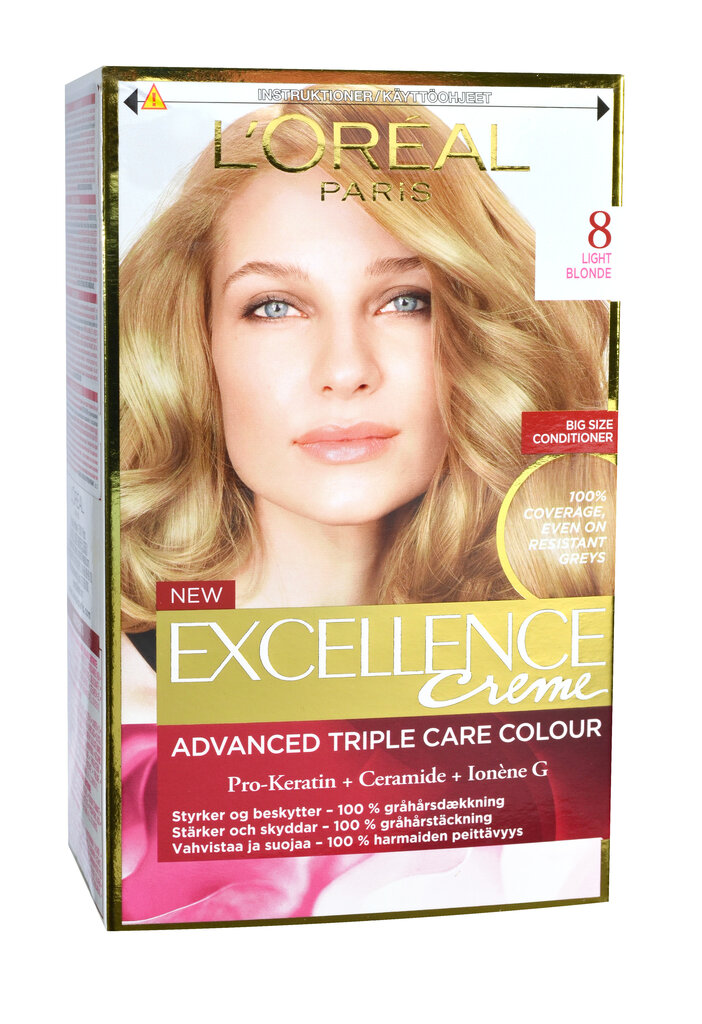 Ilgalaikiai plaukų dažai su trejopa apsauga L'Oreal Paris Excellence Creme 172 ml, Light Blonde kaina ir informacija | Plaukų dažai | pigu.lt