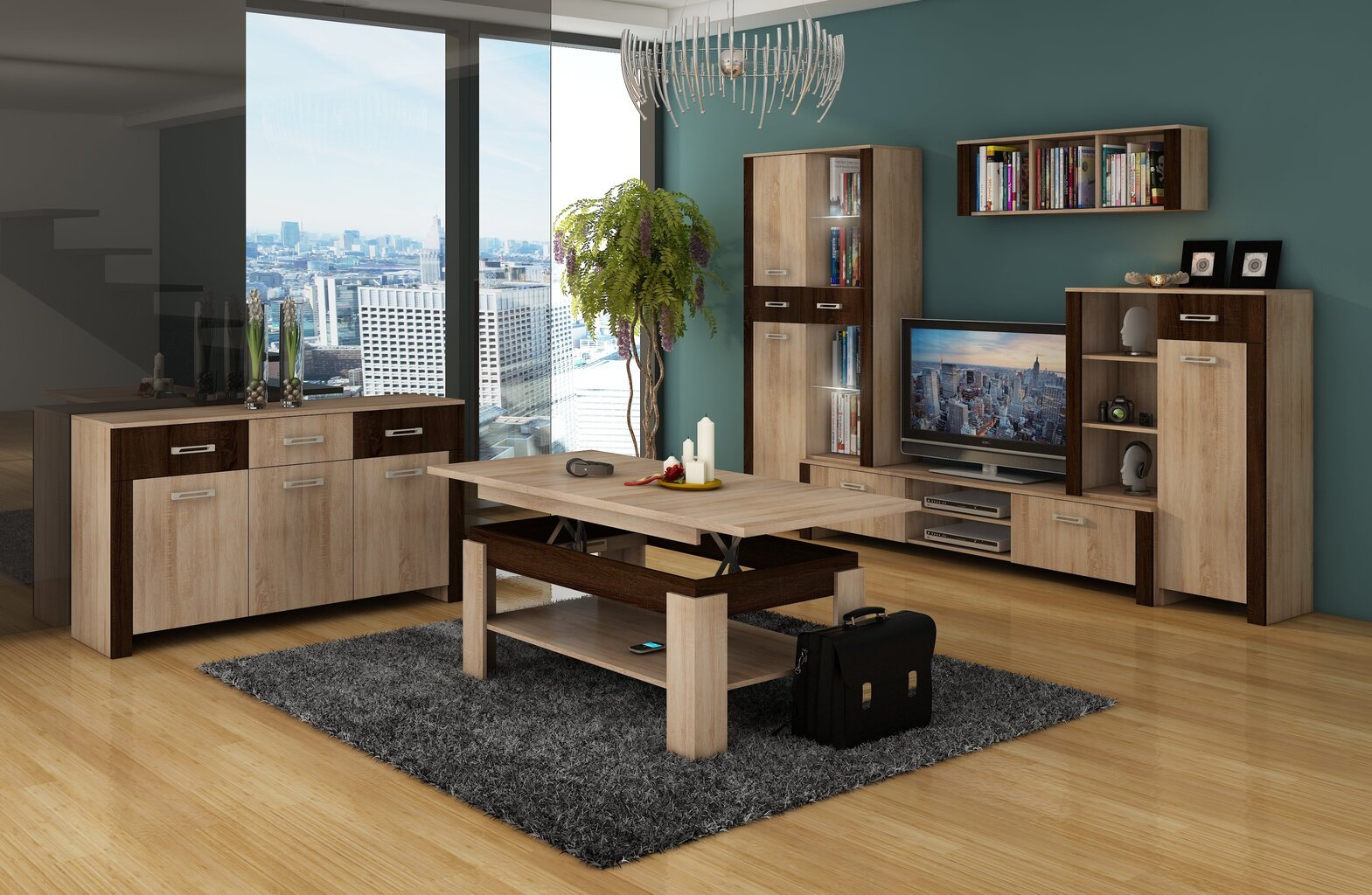 TV staliukas Hugo 2D, ąžuolo/rudos spalvos kaina ir informacija | TV staliukai | pigu.lt