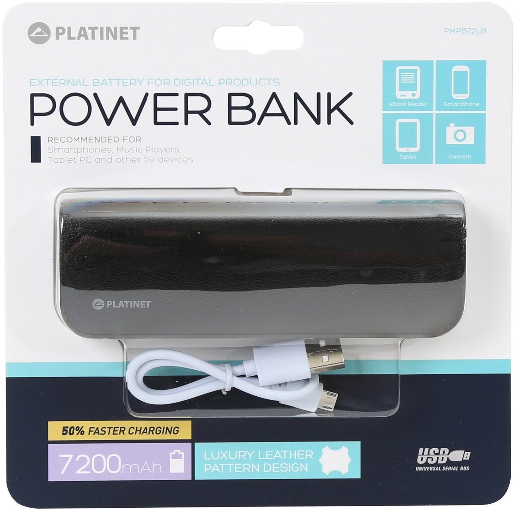 Nešiojama išorinė baterija Platinet 7200 mAh + micro USB laidas, juodos odos apdaila цена и информация | Atsarginiai maitinimo šaltiniai (power bank) | pigu.lt